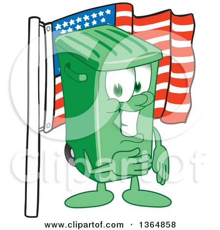 Clipart of a Cartoon Green Rolling Trash Can Bin Mascot Pledging Allegiance to the American Flag - Royalty Free Vector Illustration by Mascot Junction