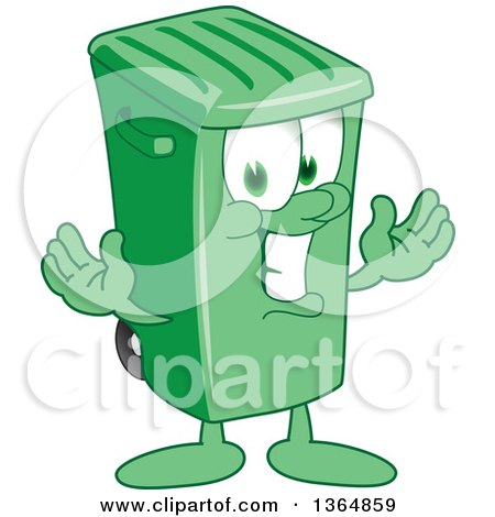 Clipart of a Cartoon Green Rolling Trash Can Bin Mascot Welcoming - Royalty Free Vector Illustration by Mascot Junction