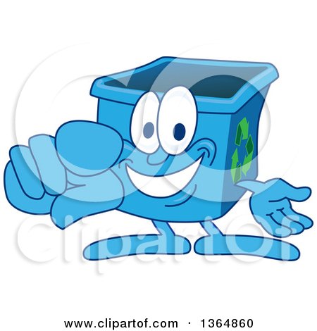 Clipart of a Cartoon Blue Recycle Bin Mascot Pointing Outwards - Royalty Free Vector Illustration by Mascot Junction