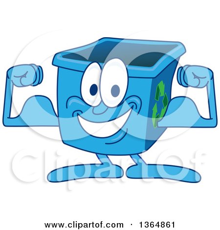 Clipart of a Cartoon Blue Recycle Bin Mascot Flexing - Royalty Free Vector Illustration by Mascot Junction