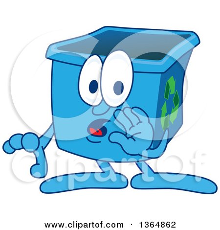 Clipart of a Cartoon Blue Recycle Bin Mascot Whispering - Royalty Free Vector Illustration by Mascot Junction