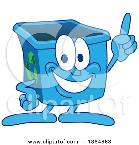 Clipart of a Cartoon Blue Recycle Bin Mascot Holding up a Finger - Royalty Free Vector Illustration by Mascot Junction
