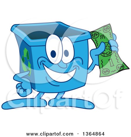 Clipart of a Cartoon Blue Recycle Bin Mascot Holding Cash Money - Royalty Free Vector Illustration by Mascot Junction
