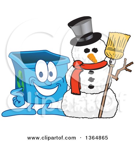 Clipart of a Cartoon Blue Recycle Bin Mascot with a Christmas Snowman - Royalty Free Vector Illustration by Mascot Junction