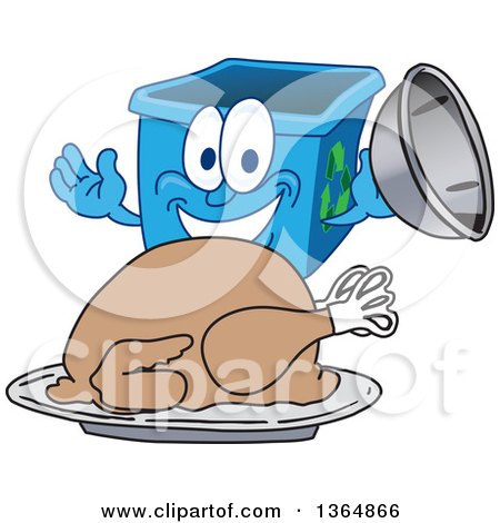 Clipart of a Cartoon Blue Recycle Bin Mascot Serving a Roasted Thanksgiving Turkey - Royalty Free Vector Illustration by Mascot Junction