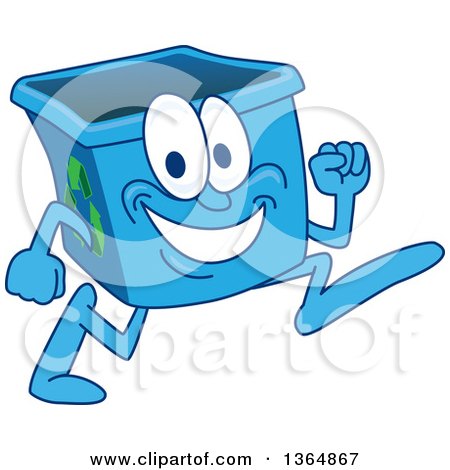 Clipart of a Cartoon Blue Recycle Bin Mascot Running - Royalty Free Vector Illustration by Mascot Junction