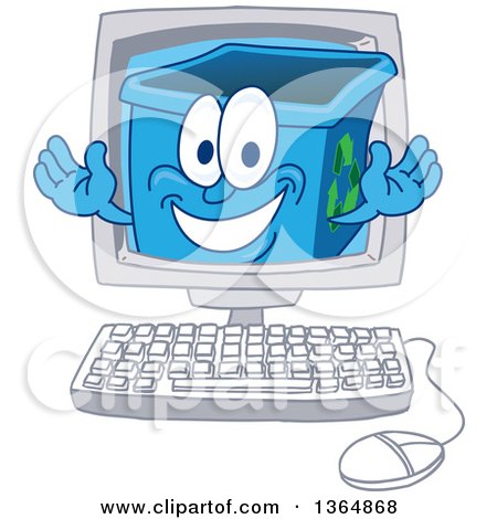 Clipart of a Cartoon Blue Recycle Bin Mascot Emerging from a Desktop Computer Screen - Royalty Free Vector Illustration by Mascot Junction