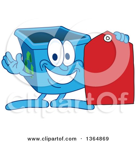 Clipart of a Cartoon Blue Recycle Bin Mascot Holding a Sales Tag - Royalty Free Vector Illustration by Mascot Junction