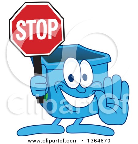 Clipart of a Cartoon Blue Recycle Bin Mascot Gesturing and Holding a Stop Sign - Royalty Free Vector Illustration by Mascot Junction