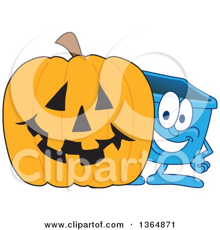Clipart of a Cartoon Blue Recycle Bin Mascot by a Halloween Jackolantern Pumpkin - Royalty Free Vector Illustration by Mascot Junction