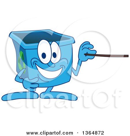 Clipart of a Cartoon Blue Recycle Bin Mascot Using a Pointer Stick - Royalty Free Vector Illustration by Mascot Junction