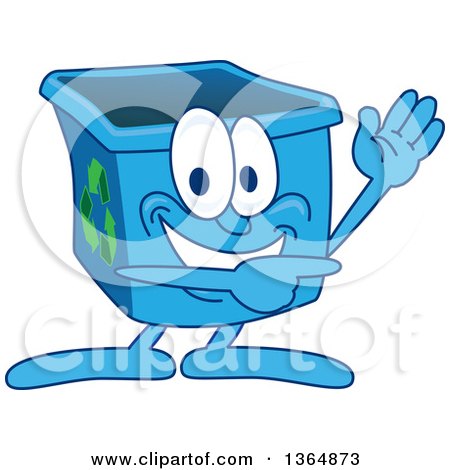 Clipart of a Cartoon Blue Recycle Bin Mascot Waving and Pointing - Royalty Free Vector Illustration by Mascot Junction