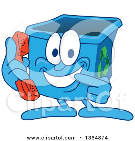 Clipart of a Cartoon Blue Recycle Bin Mascot Holding and Pointing to a Telephone - Royalty Free Vector Illustration by Mascot Junction