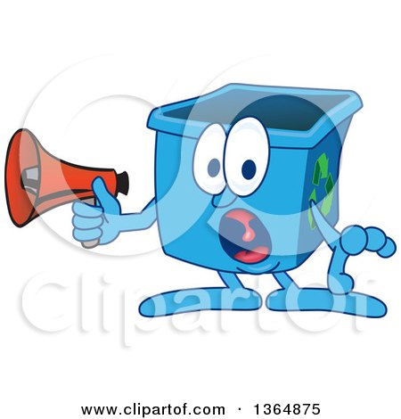 Clipart of a Cartoon Blue Recycle Bin Mascot Screaming into a Megaphone - Royalty Free Vector Illustration by Mascot Junction