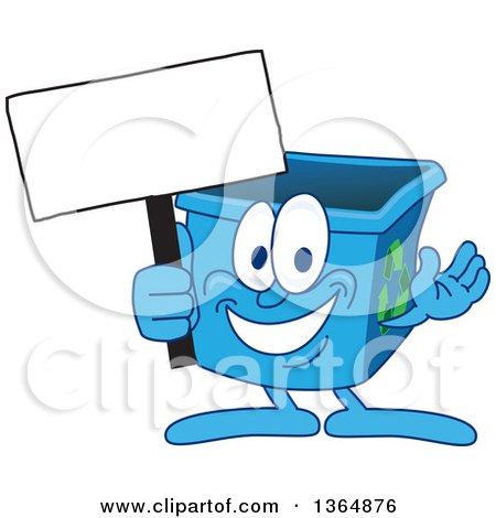 Clipart of a Cartoon Blue Recycle Bin Mascot Holding a Blank Sign - Royalty Free Vector Illustration by Mascot Junction