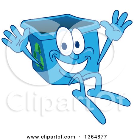 Clipart of a Cartoon Blue Recycle Bin Mascot Jumping - Royalty Free Vector Illustration by Mascot Junction