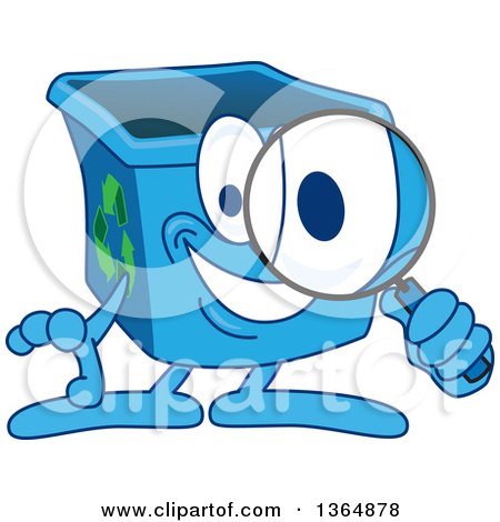 Clipart of a Cartoon Blue Recycle Bin Mascot Searching with a Magnifying Glass - Royalty Free Vector Illustration by Mascot Junction