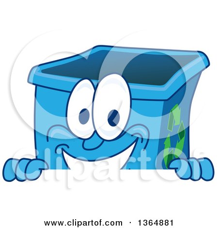 Clipart of a Cartoon Blue Recycle Bin Mascot Smiling over a Sign - Royalty Free Vector Illustration by Mascot Junction