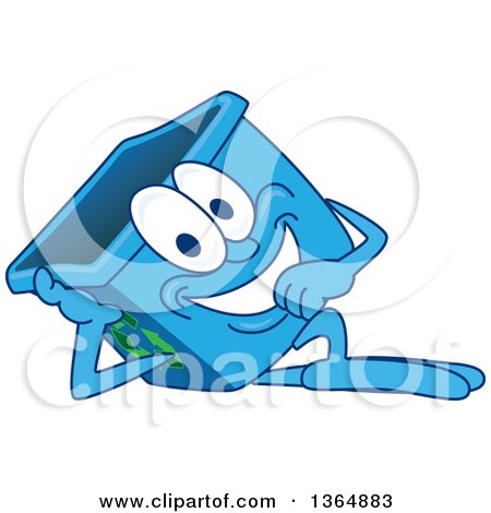 Clipart of a Cartoon Blue Recycle Bin Mascot Resting on His Side - Royalty Free Vector Illustration by Mascot Junction