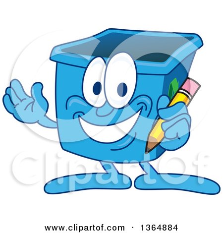 Clipart of a Cartoon Blue Recycle Bin Mascot Holding a Pencil - Royalty Free Vector Illustration by Mascot Junction