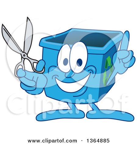Clipart of a Cartoon Blue Recycle Bin Mascot Holding up a Finger and Scissors - Royalty Free Vector Illustration by Mascot Junction