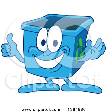 Clipart of a Cartoon Blue Recycle Bin Mascot Giving a Thumb up - Royalty Free Vector Illustration by Mascot Junction
