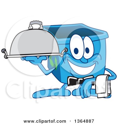 Clipart of a Cartoon Blue Recycle Bin Mascot Waiter Holding a Cloche Platter - Royalty Free Vector Illustration by Mascot Junction
