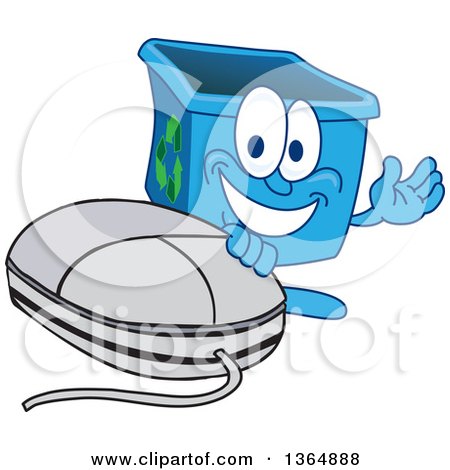 Clipart of a Cartoon Blue Recycle Bin Mascot Presenting by a Computer Mouse - Royalty Free Vector Illustration by Mascot Junction