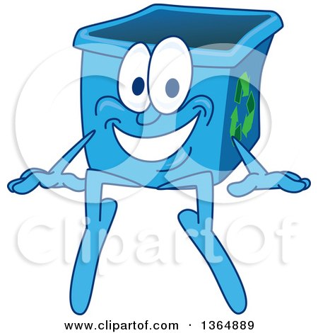 Clipart of a Cartoon Blue Recycle Bin Mascot Sitting - Royalty Free Vector Illustration by Mascot Junction