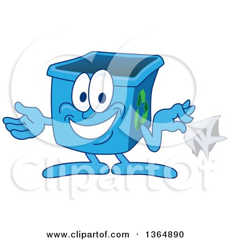 Clipart of a Cartoon Blue Recycle Bin Mascot Holding a Napkin, Hankie, or Paper - Royalty Free Vector Illustration by Mascot Junction