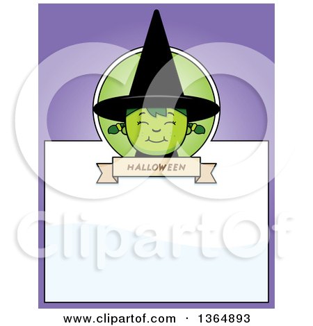 Clipart of a Green Halloween Witch Girl Page Design with Text Space on Purple - Royalty Free Vector Illustration by Cory Thoman
