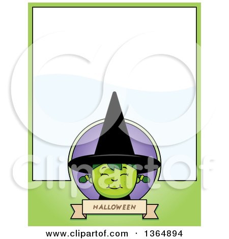 Clipart of a Green Halloween Witch Girl Page Design with Text Space on Green - Royalty Free Vector Illustration by Cory Thoman