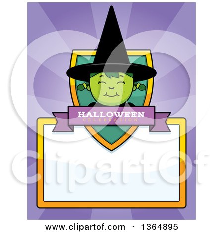 Clipart of a Green Halloween Witch Girl Shield over a Blank Sign and Rays - Royalty Free Vector Illustration by Cory Thoman