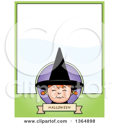 Clipart of a Halloween Witch Girl Page Design with Text Space on Green - Royalty Free Vector Illustration by Cory Thoman
