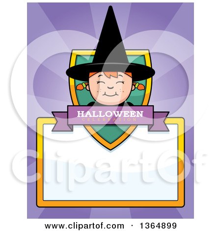 Clipart of a Halloween Witch Girl Shield over a Blank Sign and Rays - Royalty Free Vector Illustration by Cory Thoman