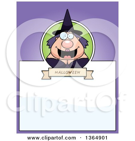 Clipart of a Chubby Halloween Witch Woman Page Design with Text Space on Purple - Royalty Free Vector Illustration by Cory Thoman