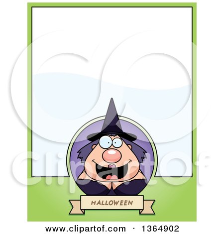 Clipart of a Chubby Halloween Witch Woman Page Design with Text Space on Green - Royalty Free Vector Illustration by Cory Thoman