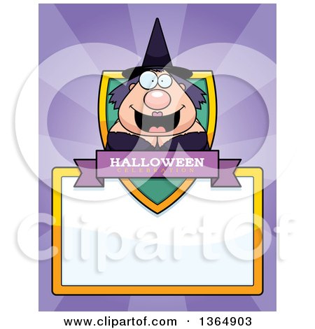 Clipart of a Chubby Halloween Witch Woman Shield over a Blank Sign and Rays - Royalty Free Vector Illustration by Cory Thoman