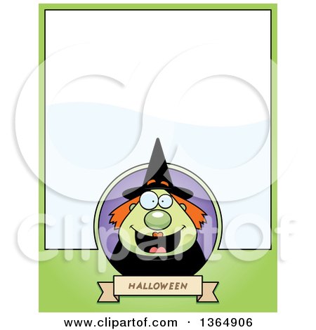 Clipart of a Green Halloween Witch Woman Page Design with Text Space on Green - Royalty Free Vector Illustration by Cory Thoman