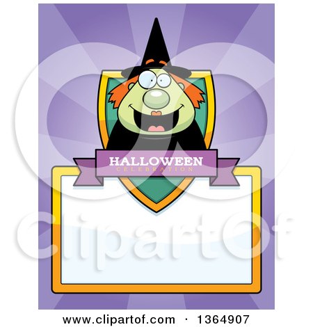 Clipart of a Green Halloween Witch Woman Shield over a Blank Sign and Rays - Royalty Free Vector Illustration by Cory Thoman