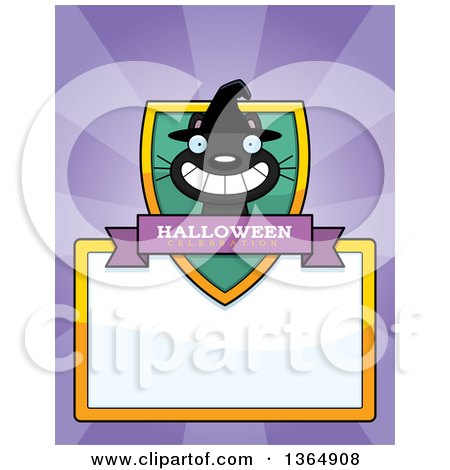 Clipart of a Grinning Black Halloween Witch Cat Shield over a Blank Sign and Rays - Royalty Free Vector Illustration by Cory Thoman