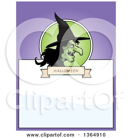 Clipart of a Halloween Ugly Warty Witch Page Design with Text Space on Purple - Royalty Free Vector Illustration by Cory Thoman
