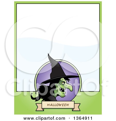 Clipart of a Halloween Ugly Warty Witch Page Design with Text Space on Green - Royalty Free Vector Illustration by Cory Thoman