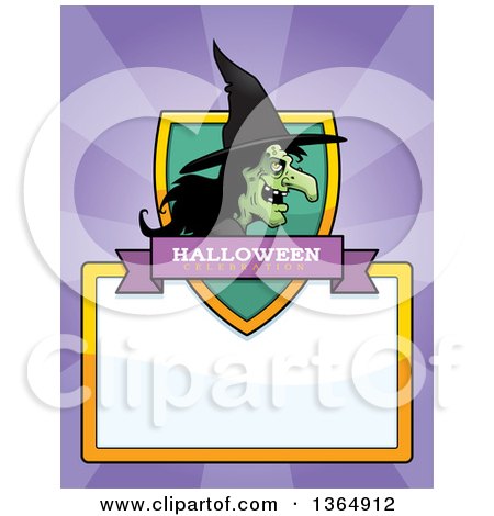 Clipart of a Halloween Ugly Warty Witch Shield over a Blank Sign and Rays - Royalty Free Vector Illustration by Cory Thoman