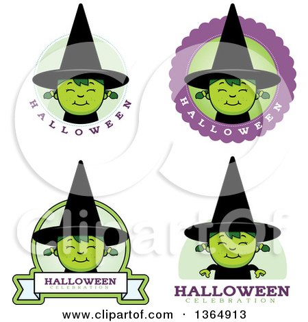 Clipart of Green Halloween Witch Girl Badges - Royalty Free Vector Illustration by Cory Thoman