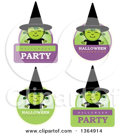 Clipart of Green Halloween Witch Girl Badges - Royalty Free Vector Illustration by Cory Thoman