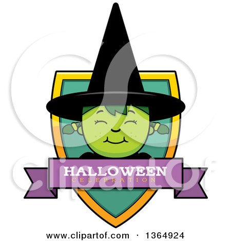 Clipart of a Green Halloween Witch Girl Halloween Celebration Shield - Royalty Free Vector Illustration by Cory Thoman