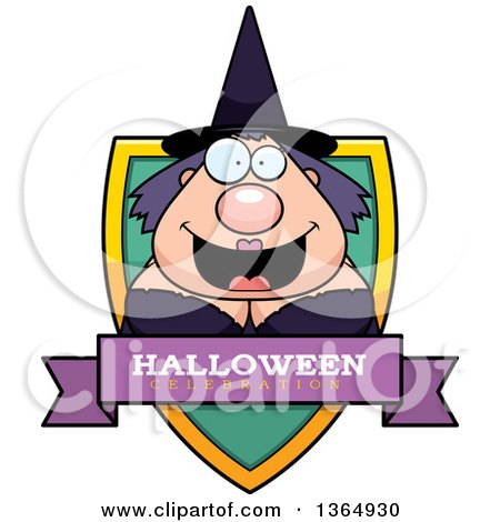 Clipart of a Chubby Halloween Witch Woman Halloween Celebration Shield - Royalty Free Vector Illustration by Cory Thoman