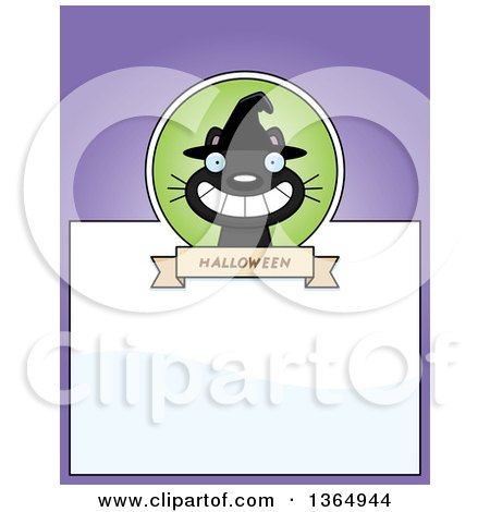Clipart of a Grinning Black Halloween Witch Cat Page Design with Text Space on Purple - Royalty Free Vector Illustration by Cory Thoman