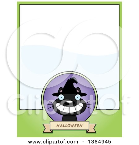 Clipart of a Grinning Black Halloween Witch Cat Page Design with Text Space on Green - Royalty Free Vector Illustration by Cory Thoman